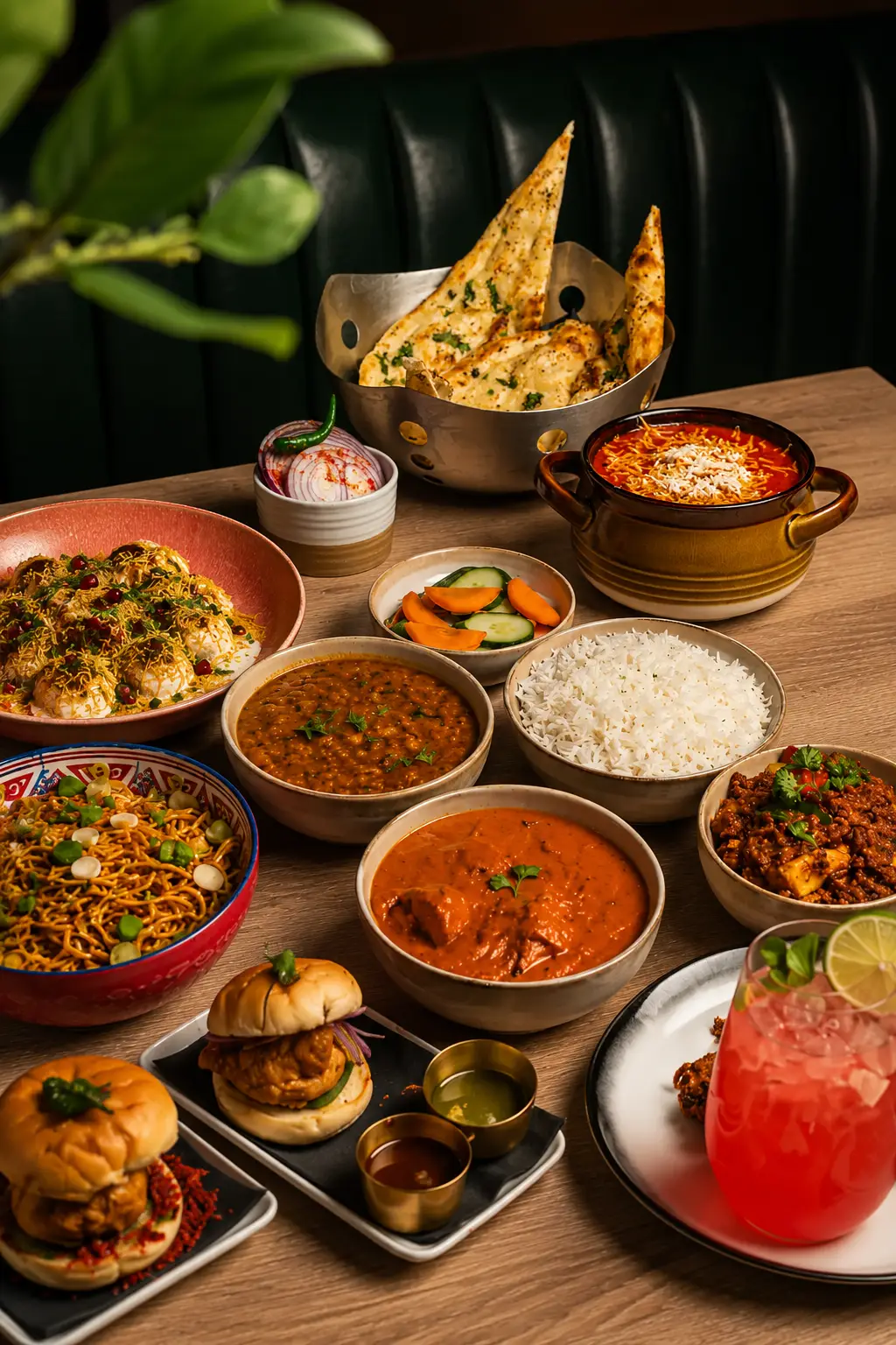 A grand feast of Indian cuisine featuring curries, naan, chaat, and noodles